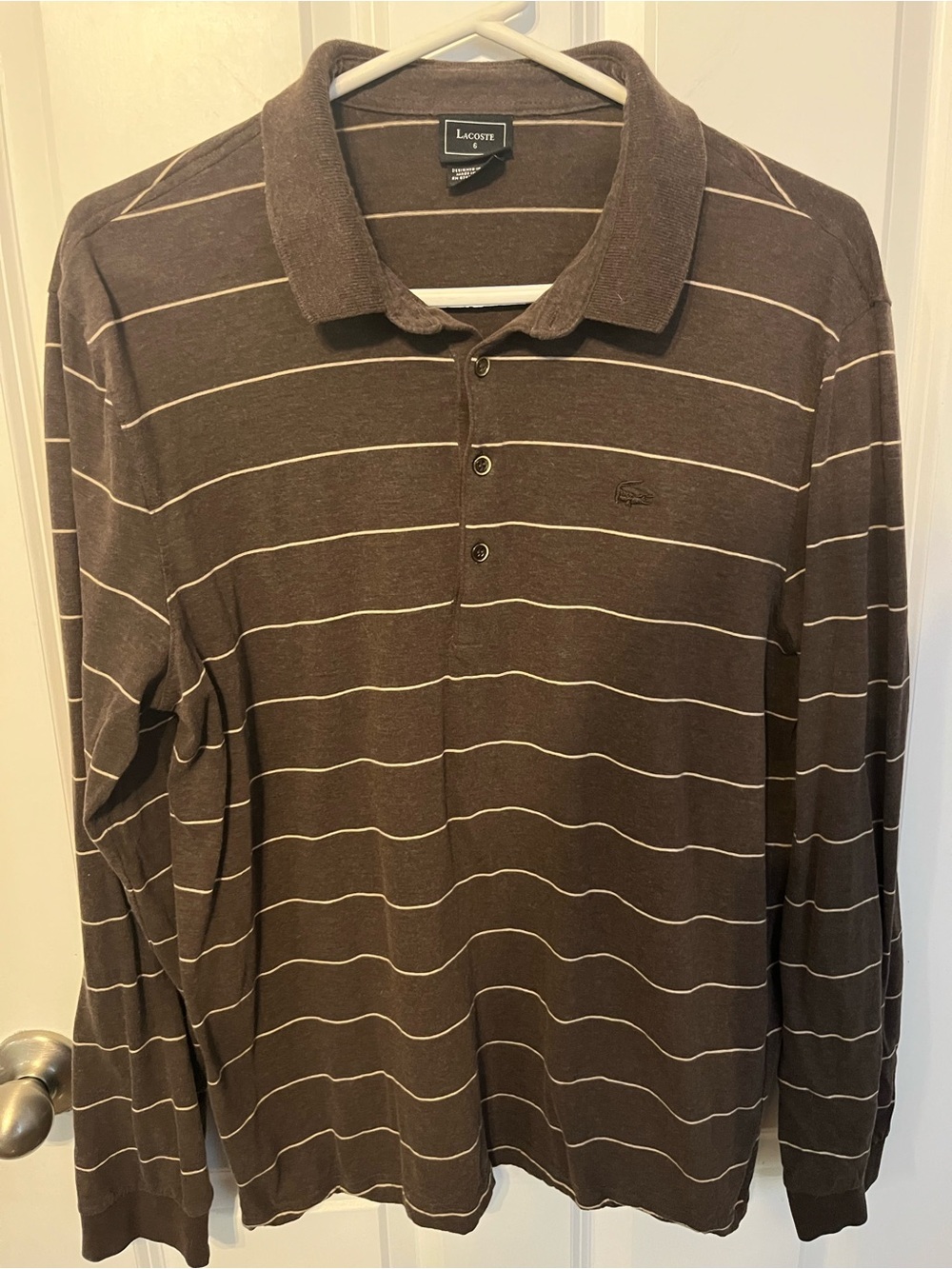 Lacoste Men's Brown Striped Long-Sleeve Polo Shirt size 6 medium